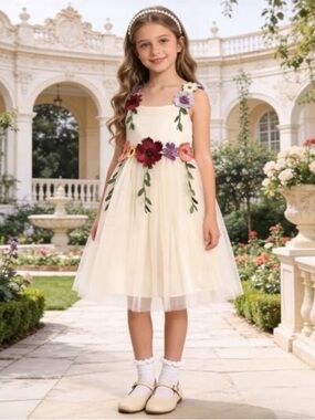 IDOPIP Flower Girl Dress Floral Embroidery Tulle Tutu for Wedding Birthday NWTS